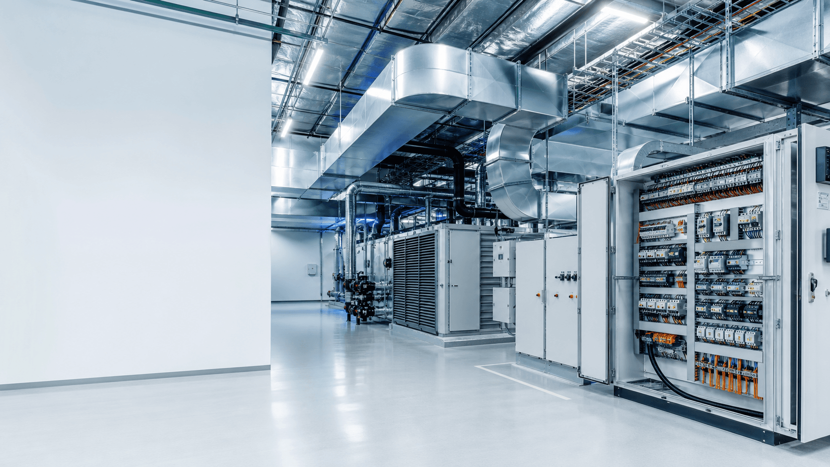 Modern mechanical plant room with HVAC electrical systems
